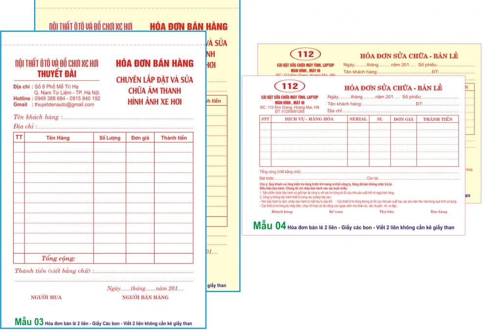 biểu mẫu hóa đơn sửa chữa bán lẻ