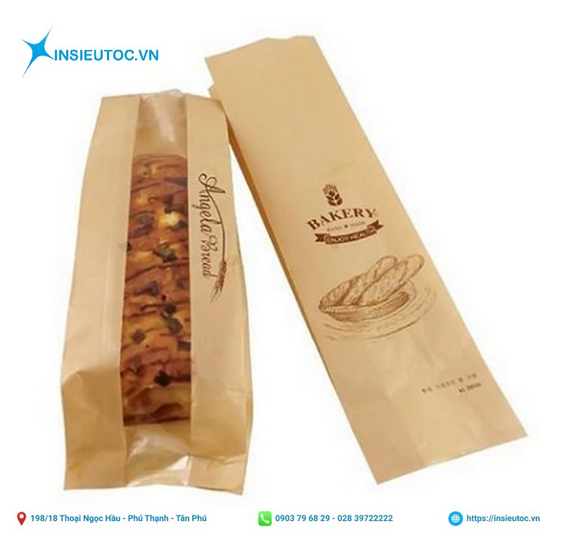 In túi giấy đựng bánh mì có hông, một mặt nilong