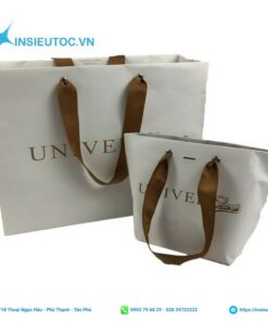 Túi giấy nền trắng kết hợp dây quai màu nâu