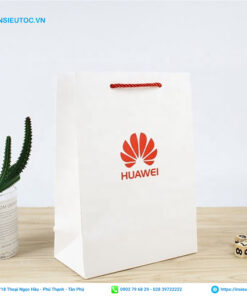 Thiết kế túi giấy của Huawei với màu cam trắng đặc trưng