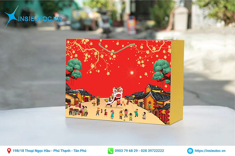 Túi dựng quà tết họa tiết múa lân đẹp mắt