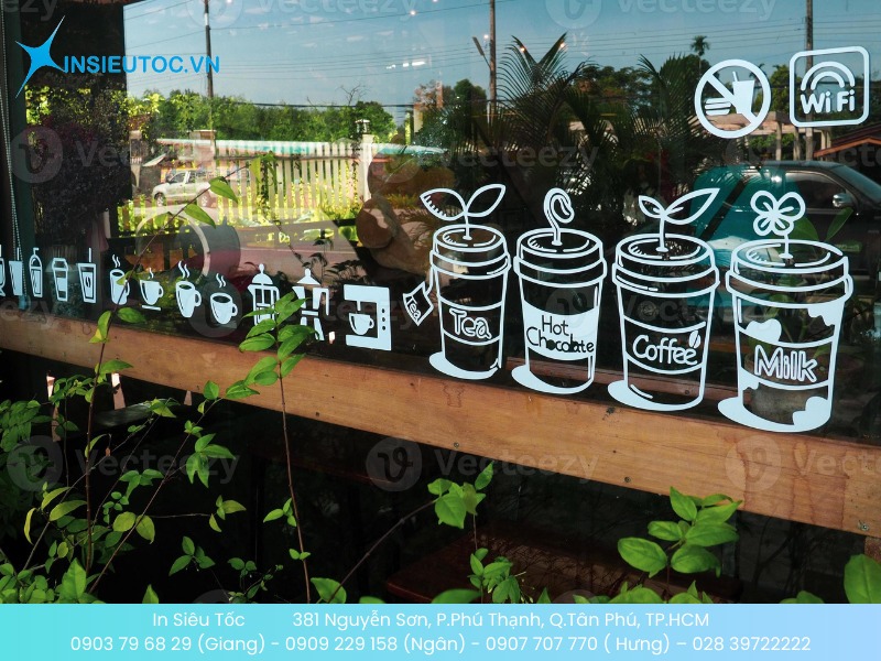 Sticker nhựa trong decor quán cà phê