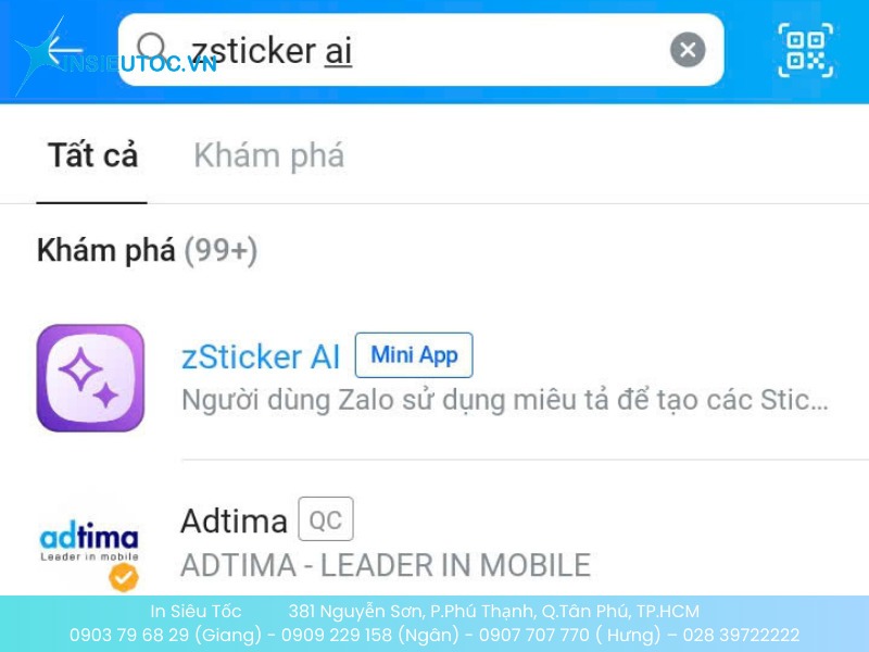 Nhấn vào thanh tìm kiếm tìm mini app “zSticker AI”
