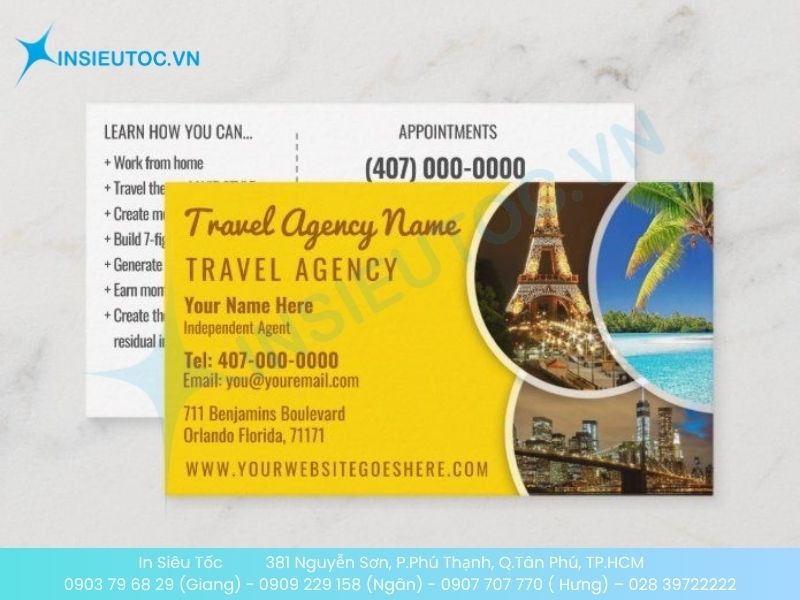 Mẫu card visit đại lý vé máy bay ấn tượng với gam màu vàng năng động
