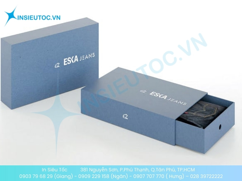 Hộp giấy đựng quần áo ESCA JEANS màu xanh dương với thiết kế kiểu ngăn kéo