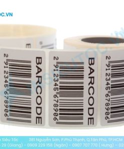 Cuộn tem mã vạch trắng có chữ BARCODE và số serial 2912345678906
