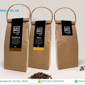 mẫu túi giấy đựng cafe in thương hiệu có quai cầm tiện dụng, bảo vệ môi trường. Túi kraft đựng cafe có gắn tay cầm