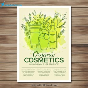 Dùng hình vẽ mộc mạc hoa lá và chai lọ tối giản cùng gam màu xanh chủ đạo, khẳng định đây là dòng mỹ phẩm thiên nhiên tờ rơi mỹ phẩm