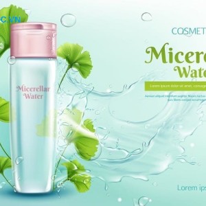 Sử dụng những chiếc lá xanh uyển chuyển cùng hình ảnh bọt nước tạo cảm giác tươi mát cho sản phẩm nước tẩy trang tờ rơi quảng cáo mỹ phẩm